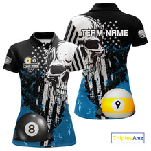 Load image into Gallery viewer, Personalized 8 &amp; 9 Ball Pool Skull Billiard Shirt For Women Custom Grunge Billiard Team Jersey |Blue TDM4649