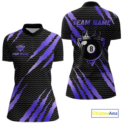 Black And Purple Scratch Billiard Shirt For Women Custom 8 Ball Crown Pool Team Jersey Polo, 1/4 Zip TDM4240