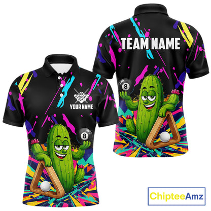 Colorful cactus 8 ball billiard polo shirt for men with custom pool team graphics.