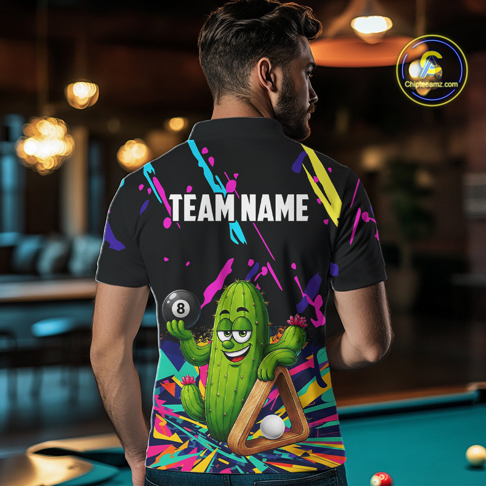 Back view of man wearing a colorful cactus 8 ball pool shirt in a billiards hall.