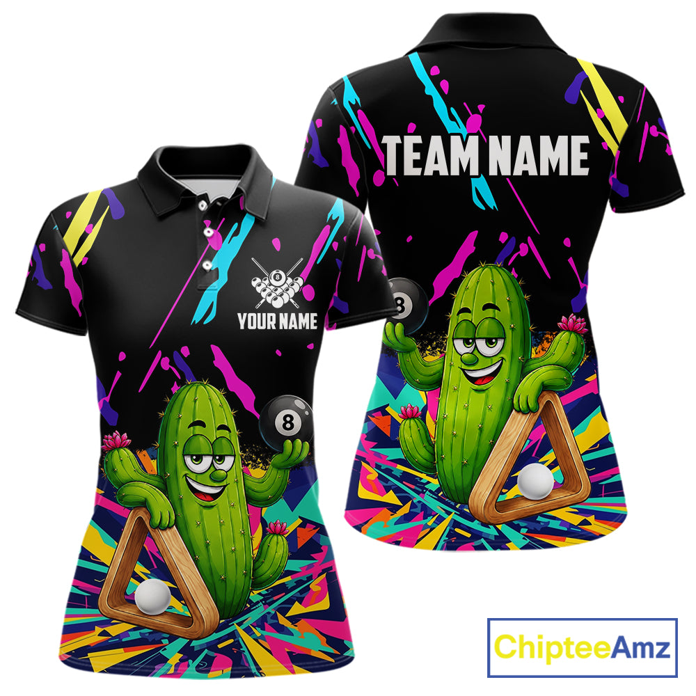Colorful cactus 8 ball billiard polo shirt for women with custom pool team graphics.