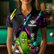Load image into Gallery viewer, Woman wearing a colorful cactus 8 ball billiard jersey beside a pool table front view.