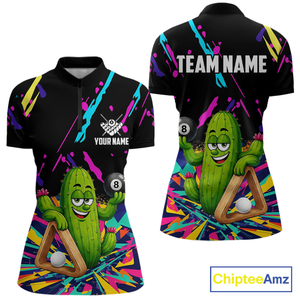 Colorful cactus 8 ball billiard quarter zip shirt for women designed for league tournaments and team events.