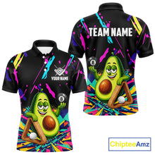 Load image into Gallery viewer, Colorful avocado 8 ball billiard polo shirt for men with custom pool team graphics.