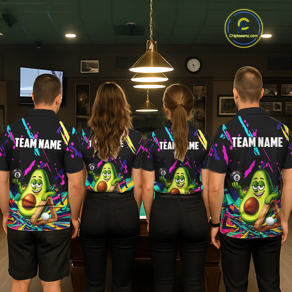 Back view of pool players wearing matching colorful avocado billiard shirts in a game room.