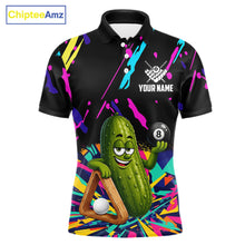Load image into Gallery viewer, Colorful pickle 8 ball billiard polo shirt for men with custom pool team graphics.