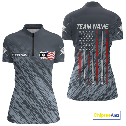 Personalized Billiard US Flag 9 Ball Pool Shirt For Women, Billiard Team Jersey Polo & 1/4 Zip TDM4426