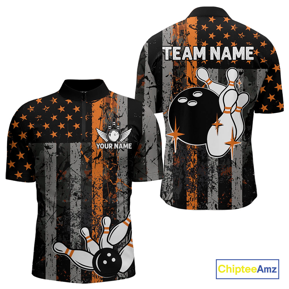 Orange Grunge American Flag Patriotic Bowling Shirts For Men Custom Bowling Team Jerseys TDM4852