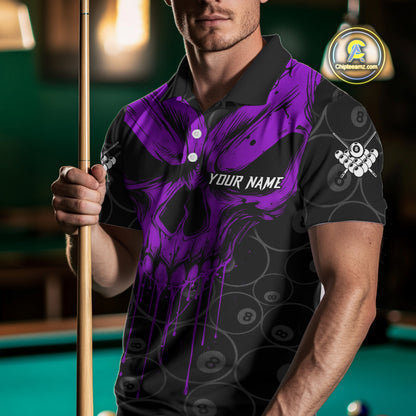 Personalized Skull 8 Ball Billiard Shirt For Men Custom Pool Team Jersey Polo & 1/4 Zip |Purple TDM5070