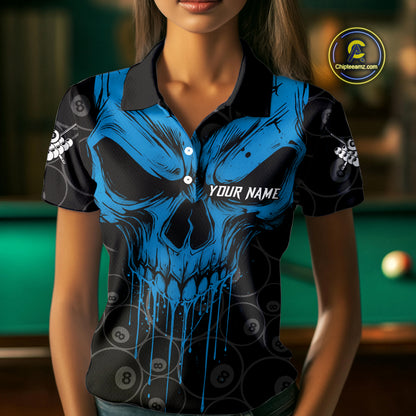 Personalized Skull 8 Ball Billiard Shirt For Women Custom Pool Team Jersey Polo & 1/4 Zip |Blue TDM5071