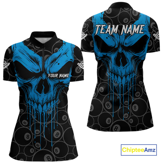 Personalized Skull 8 Ball Billiard Shirt For Women Custom Pool Team Jersey Polo & 1/4 Zip |Blue TDM5071
