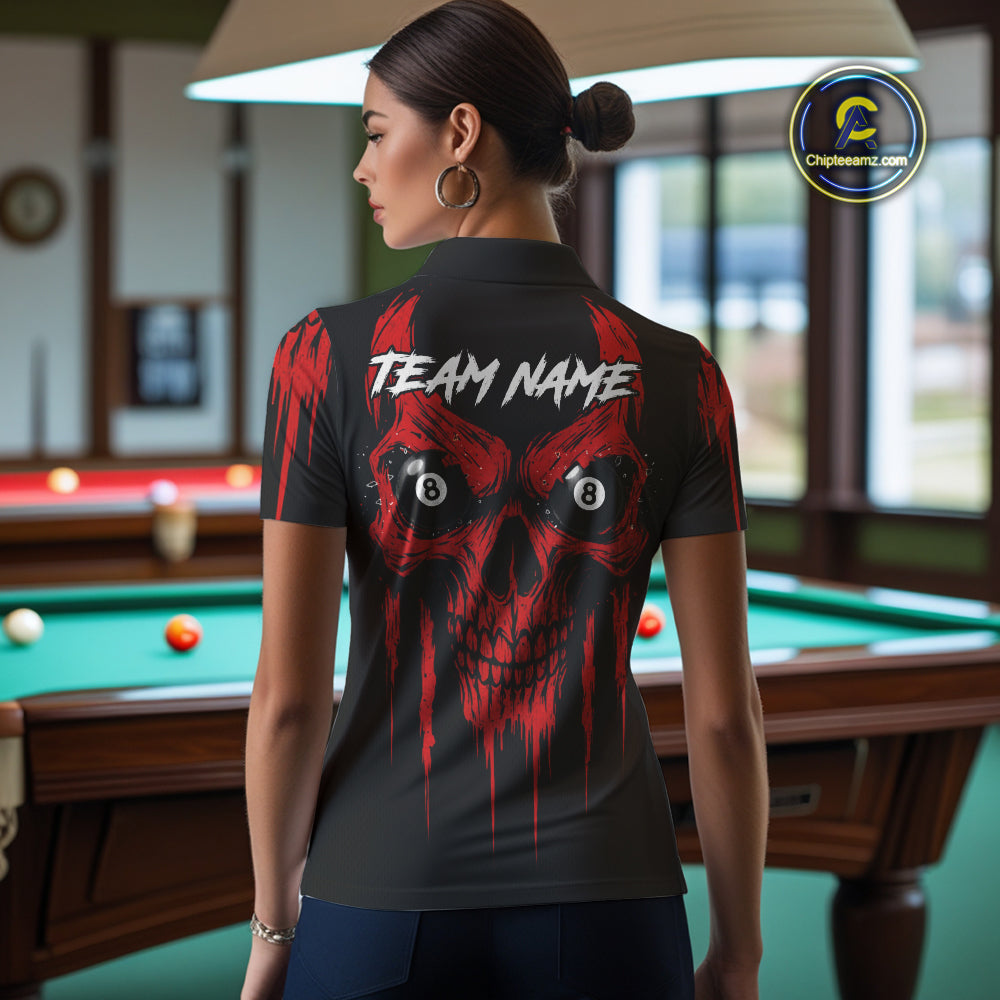 Red Grunge Skull Billiard Jersey For Women Custom 8 Ball Pool Billiard Shirt Team Polo & 1/4 Zip TDM5072