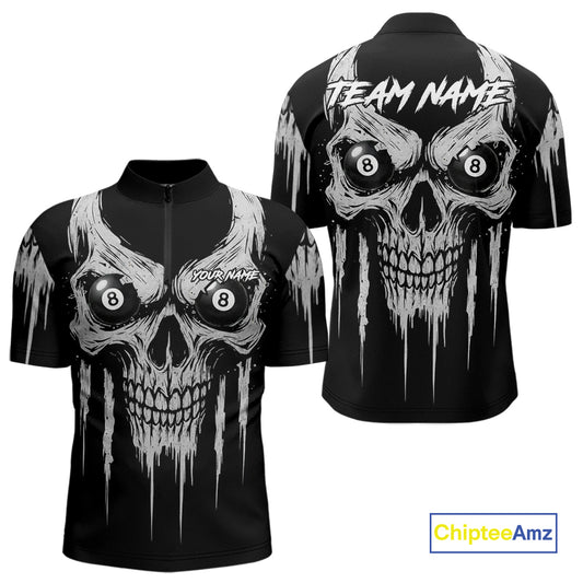 White Black Grunge Skull Billiard Jersey For Men Custom 8 Ball Pool Billiard Shirt Polo & 1/4 Zip TDM5073