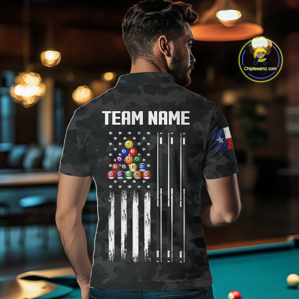Personalized Texas & American Flag Camo Billiard Shirt For Men Custom Patriotic Pool Team Jersey TDM5543