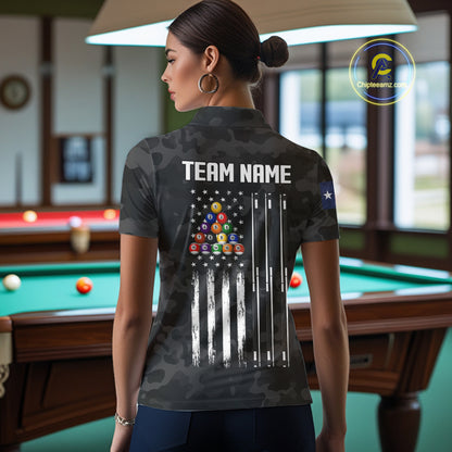 Personalized Texas & American Flag Camo Billiard Shirt For Women Custom Patriotic Pool Team Jersey TDM5543