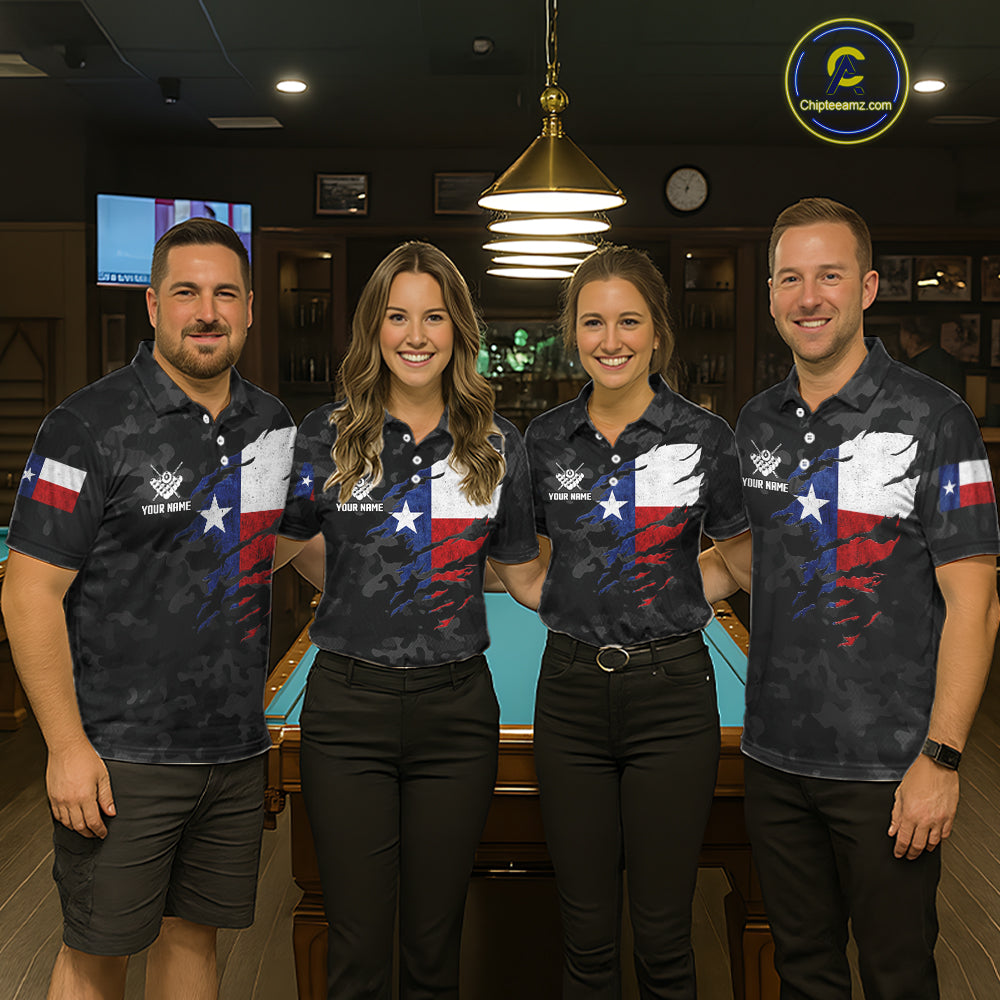 Personalized Texas & American Flag Camo Billiard Shirt For Women Custom Patriotic Pool Team Jersey TDM5543