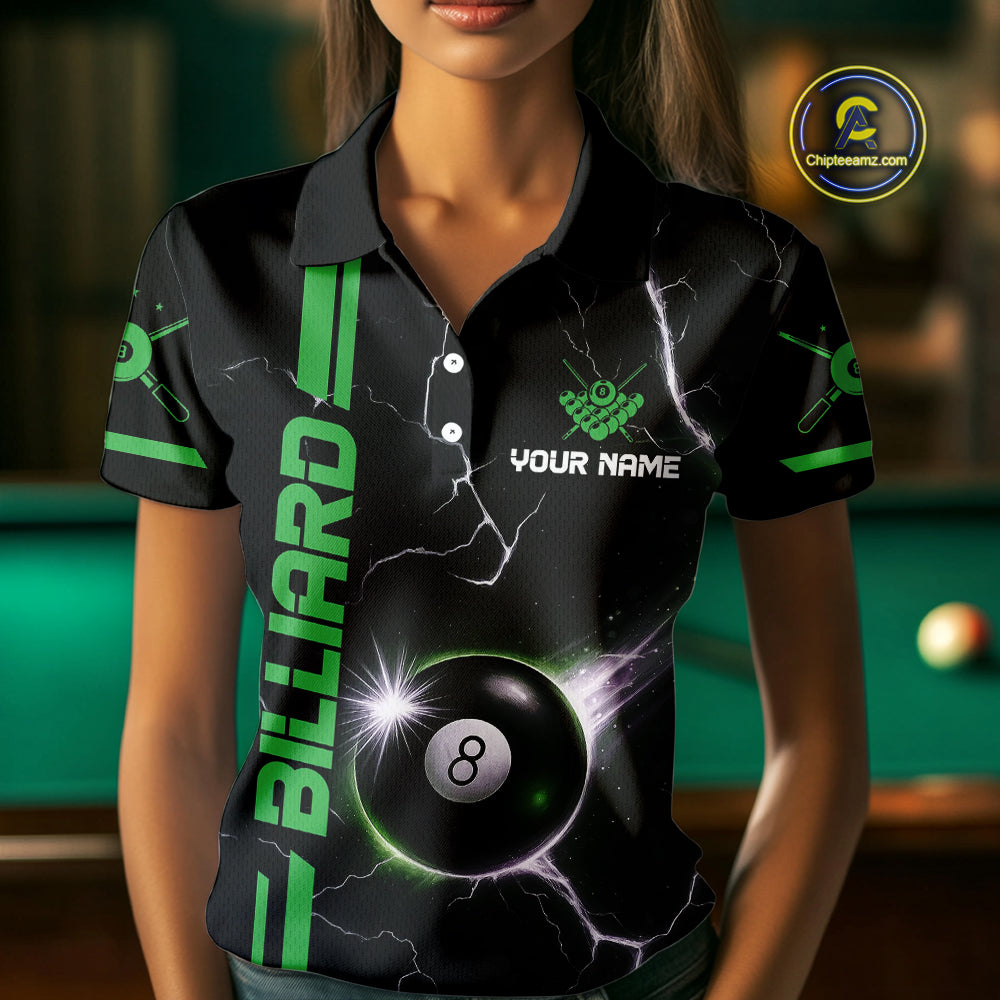 Personalized Green 8 Ball Thunder Lightning Billiard Shirt For Women Custom Pool Team League Jersey TDM4428