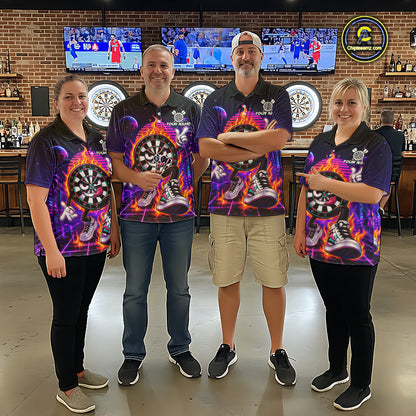 Dart Team Wearing Personalized Funny Flame Dartboard Neon Darts Jerseys During League Competition and Tournament Matches, Front View