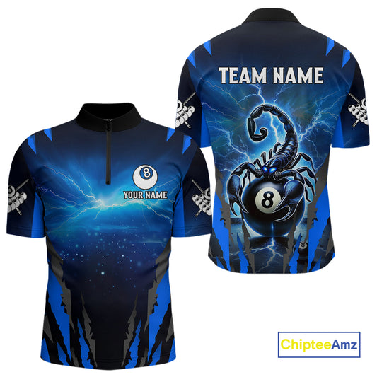 Personalized Thunder Lightning Scorpion Billiard Shirt For Men, 8 Ball Billiard Team Jerseys |Blue TDM4867