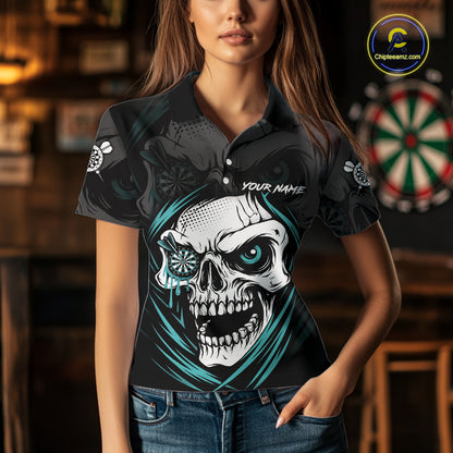 Personalized Funny Skull Darts Shirts For Women Custom Darts Jersey Team Polo & 1/4 Zip| Turquoise TDM5297