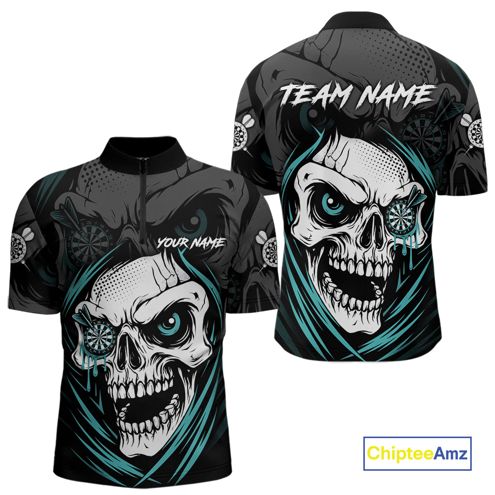 Personalized Funny Skull Darts Shirts For Men Custom Darts Jersey Team Polo & 1/4 Zip| Turquoise TDM5297