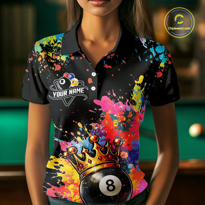 Colorful 8 Ball Crown Aim Shoot Swear Repeat Billiard Shirt For Women Custom Pool Team Jersey|Black TDM5796