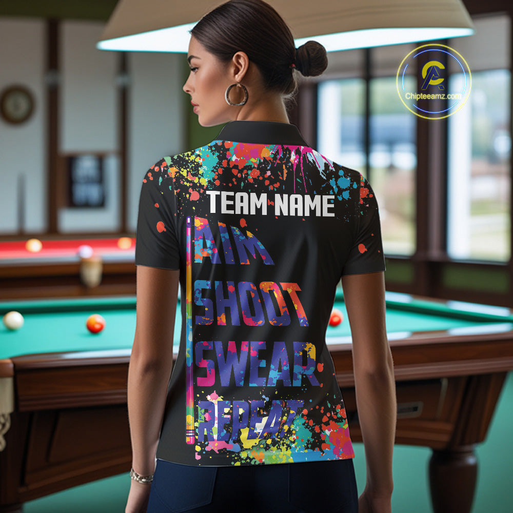 Colorful 8 Ball Crown Aim Shoot Swear Repeat Billiard Shirt For Women Custom Pool Team Jersey|Black TDM5796