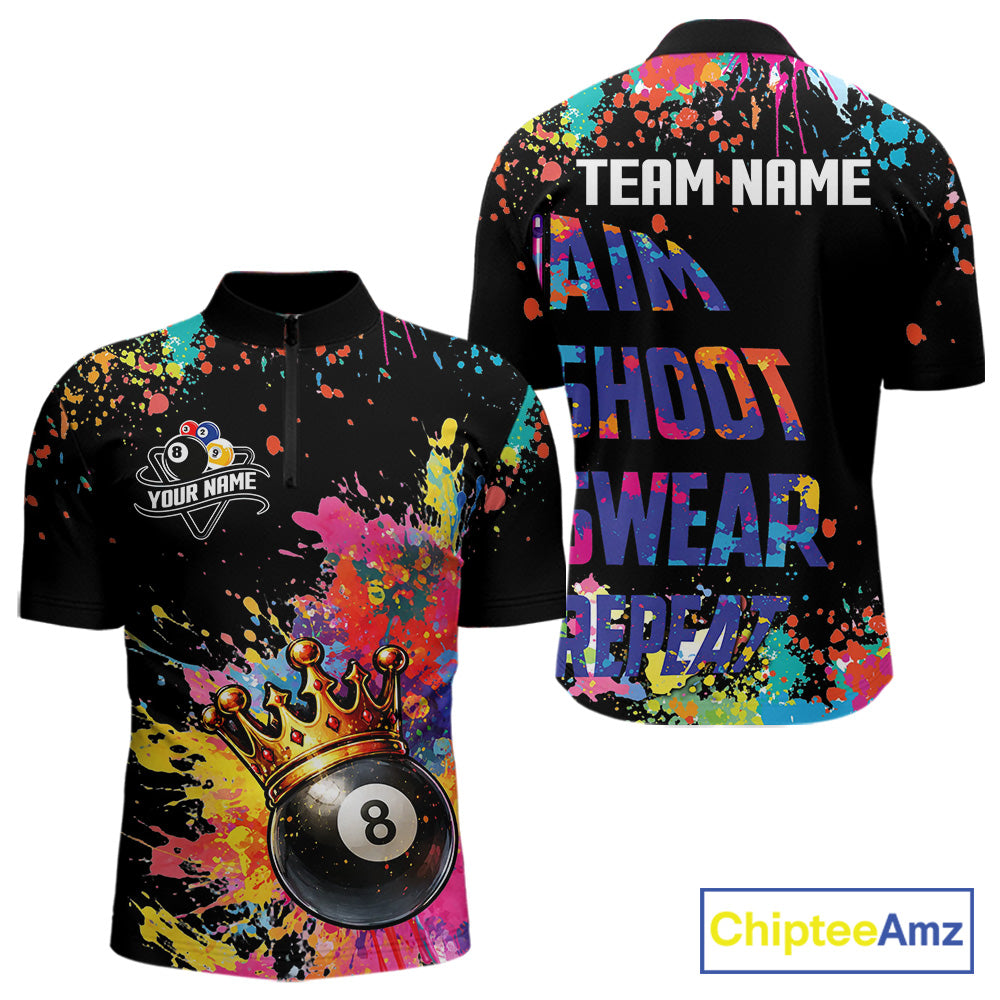 Colorful 8 Ball Crown Aim Shoot Swear Repeat Billiard Shirt For Men Custom Pool Team Jersey|Black TDM5796