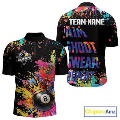 Colorful 8 Ball Crown Aim Shoot Swear Repeat Billiard Shirt For Men Custom Pool Team Jersey|Black TDM5796