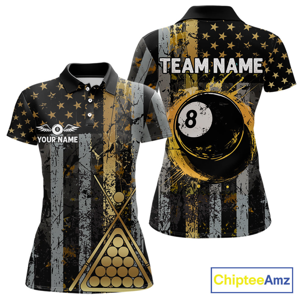 Custom Golden Grunge US Flag Patriotic Women's Billiard Shirt, 8 Ball Pool Jersey Polo & 1/4 Zip TDM6176
