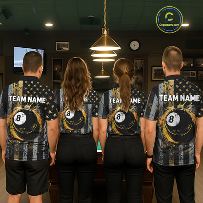 Custom Golden Grunge US Flag Patriotic Women's Billiard Shirt, 8 Ball Pool Jersey Polo & 1/4 Zip TDM6176