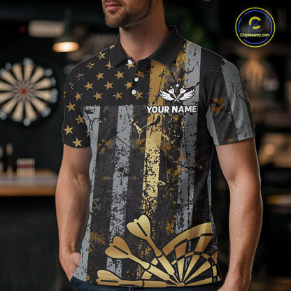 Custom Golden Grunge US Flag Patriotic Darts Shirt For Men, Retro Darts Team Jersey Polo & 1/4 Zip TDM6177