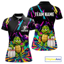 Load image into Gallery viewer, Colorful bowling polo shirt with turtle design and customizable your name &amp; team name