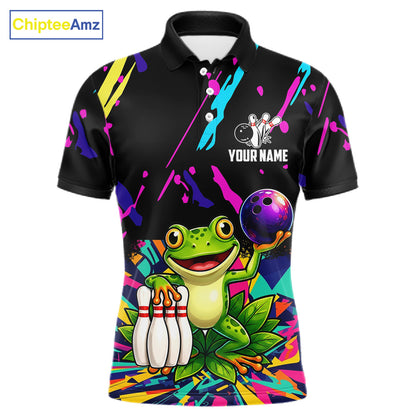 Colorful bowling polo shirt with frog design and customizable your name & team name
