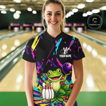 Load image into Gallery viewer, Person wearing a black bowling shirt with colorful design and frog graphic in a bowling alley.