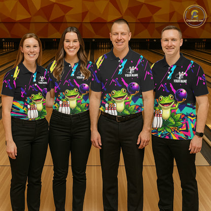 Four people wearing matching bowling-themed shirts with frog graphic in a bowling alley.