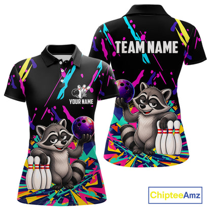 Colorful bowling polo shirt with raccoon design and customizable your name & team name
