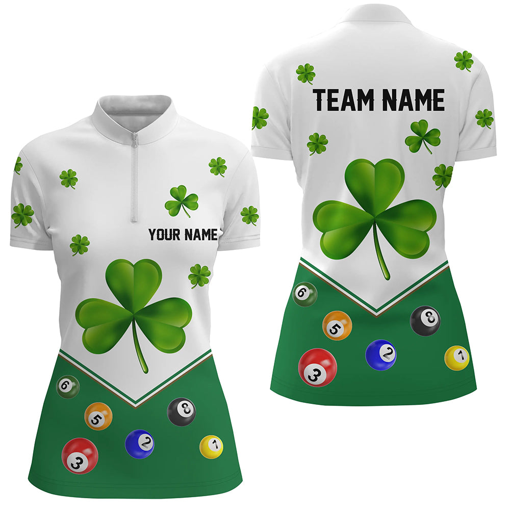 Billiard St Patrick Day Custom Green Clover Women Quarter-Zip Shirts, Lucky Billiard Apparel TDM0995
