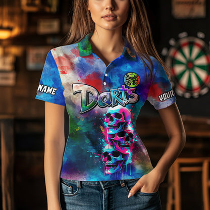 Funny Colorful Neon Graffiti Skull Dart Shirts For Women Custom Dart Jerseys, Best Darts Clothing TDM3793