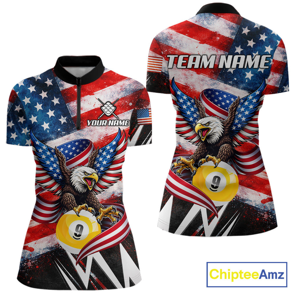 Custom American Flag Eagle Billiard Shirt For Women, Patriotic 9 Ball Pool Team Jersey Polo, 1/4 Zip TDM6182