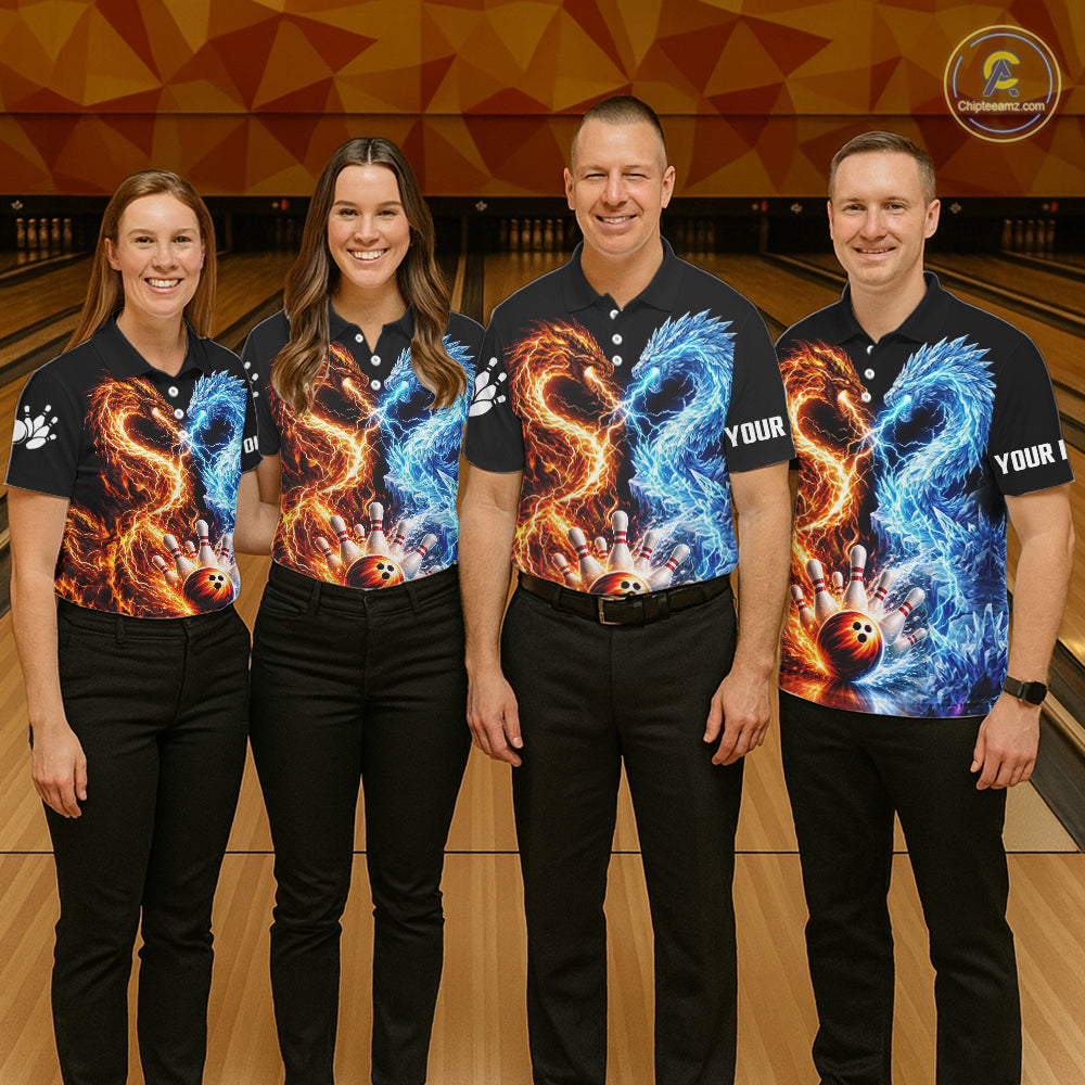 Personalized Fire And Icy Dragon Bowling Shirt For Women, Lightning Bowling Jersey Polo & 1/4 Zip TDM6185