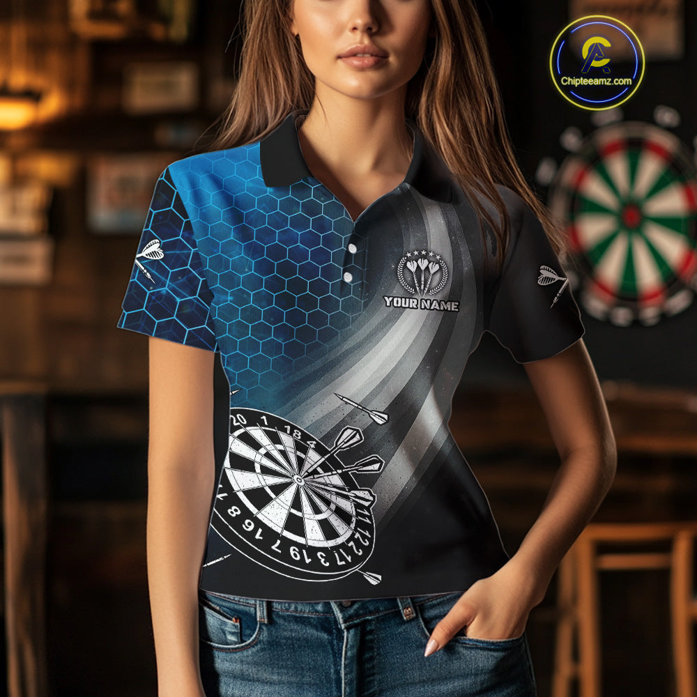 Custom Women's Dart Shirt – Black Blue Hexagon Design Darts Team Jersey | Polo & Quarter Zip Uniform TDM4074