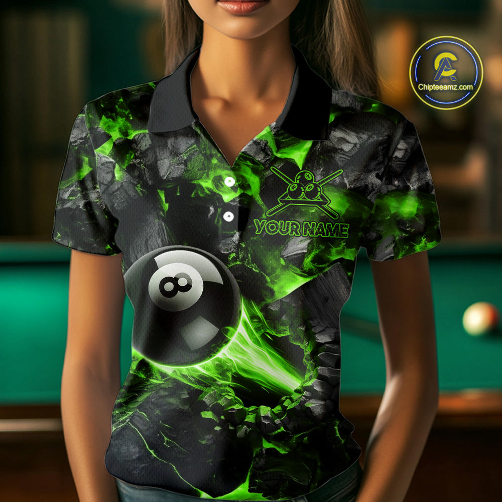 Woman Wearing Personalized Green 8 Ball 9 Ball Fire Billiard Polo Shirt with Athletic Performance Fit and Vibrant Flame Graphic Artwork, Front View