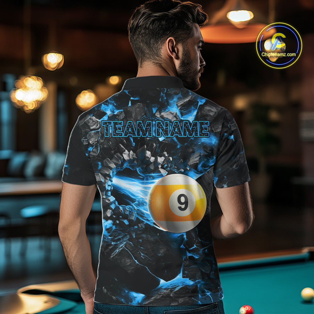 Man Wearing Personalized Blue 8 Ball 9 Ball Fire Custom Pool Team Jersey Featuring the Complete Rear Graphic Design, Back View