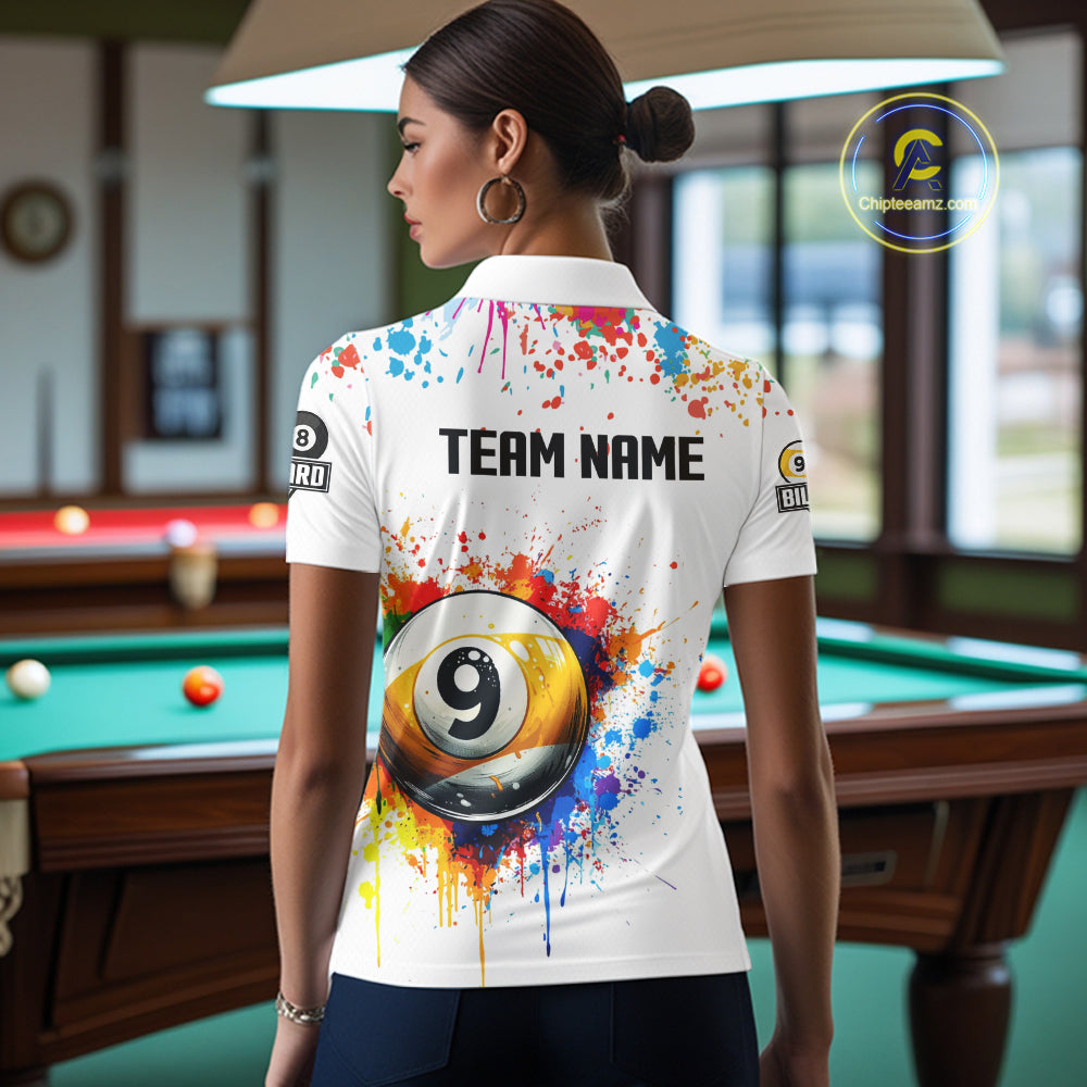 Funny 8 Ball & 9 Ball Colorful Splash Billiard Shirt For Women Custom Billiard Team Jersey |White TDM5581