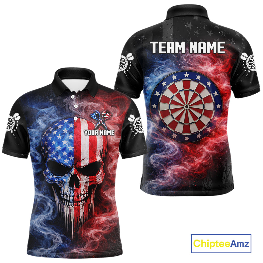 Custom American Flag Smoke Skull Darts Shirt For Men, Patriotic Darts Team Jersey Polo & 1/4 Zip TDM5811
