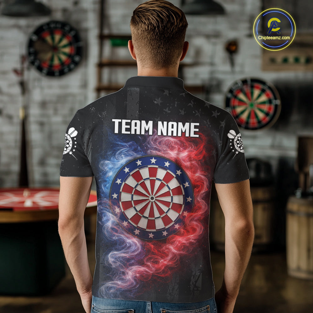 Custom American Flag Smoke Skull Darts Shirt For Men, Patriotic Darts Team Jersey Polo & 1/4 Zip TDM5811
