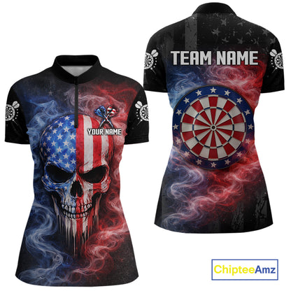 Custom American Flag Smoke Skull Darts Shirt For Women, Patriotic Darts Team Jersey Polo & 1/4 Zip TDM5811