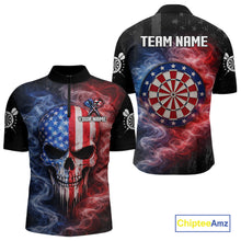 Load image into Gallery viewer, Custom American Flag Smoke Skull Darts Shirt For Men, Patriotic Darts Team Jersey Polo &amp; 1/4 Zip TDM5811