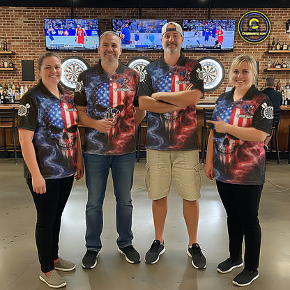 Custom American Flag Smoke Skull Darts Shirt For Men, Patriotic Darts Team Jersey Polo & 1/4 Zip TDM5811